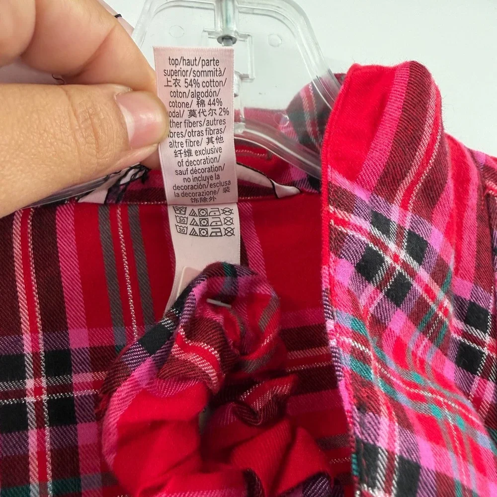 Victorias Secret Red Pink Plaid Pajama Top XL/XG Metallic Lurex & Scrunchie NEW